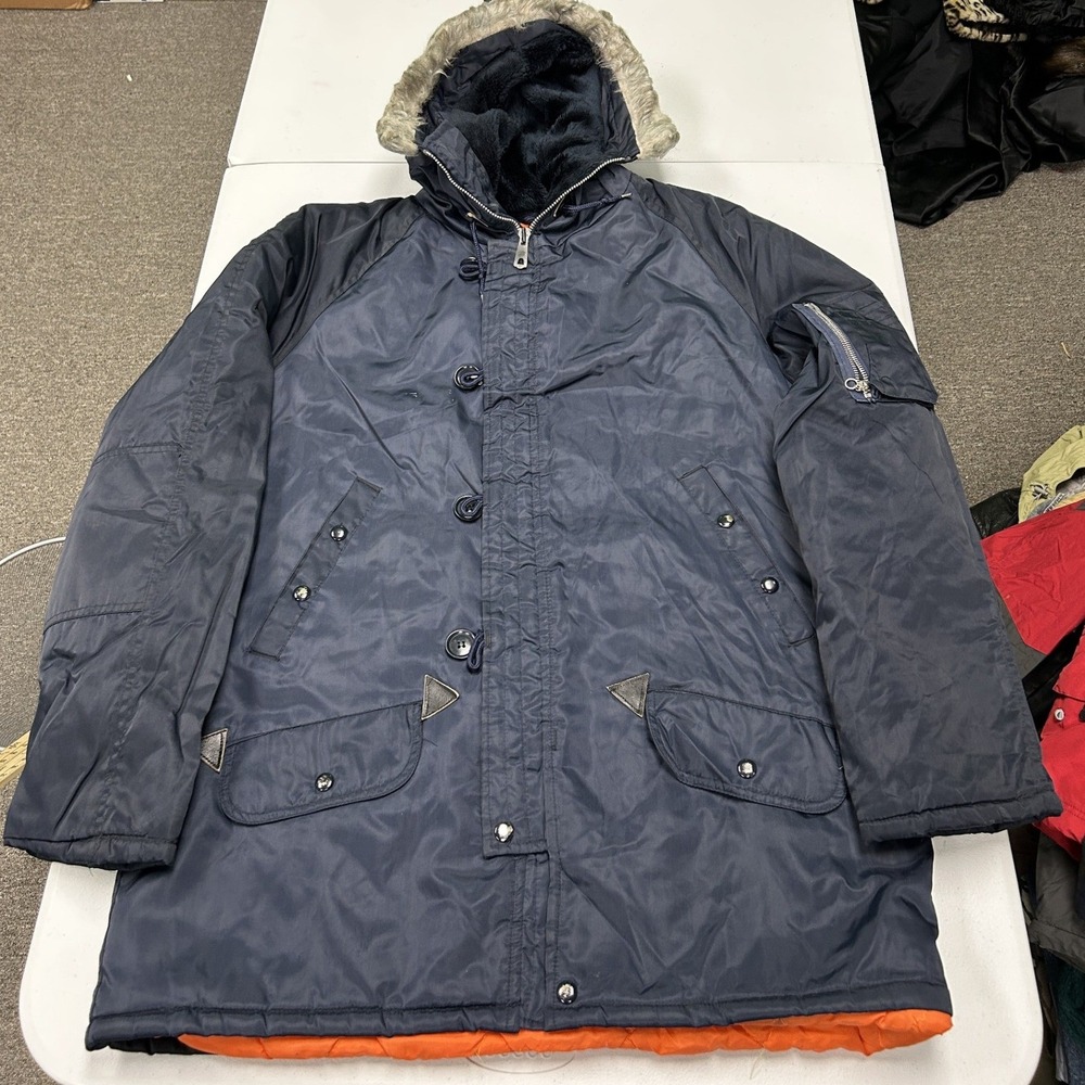 Sutton Place N-3B Snorkel Parka Mens L Navy Blue Faux Fur Hood Military Jacket